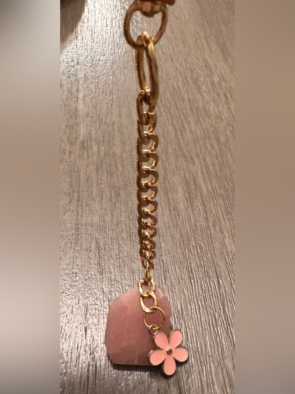 Gold Tone Chain Keychain with Pink Flower Charm